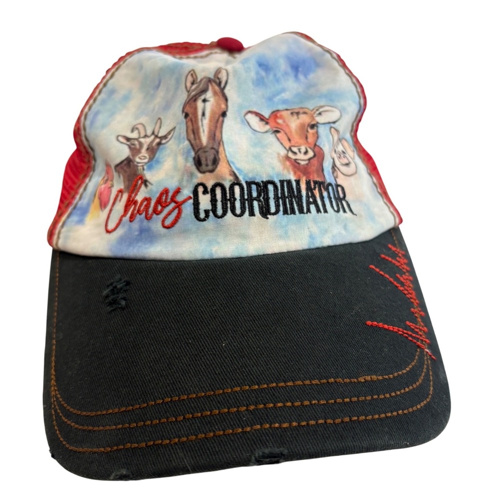 Catchfly Chaos Coordinator Farm Animal Mesh Trucker Hat Red Black Ponytail Cap
